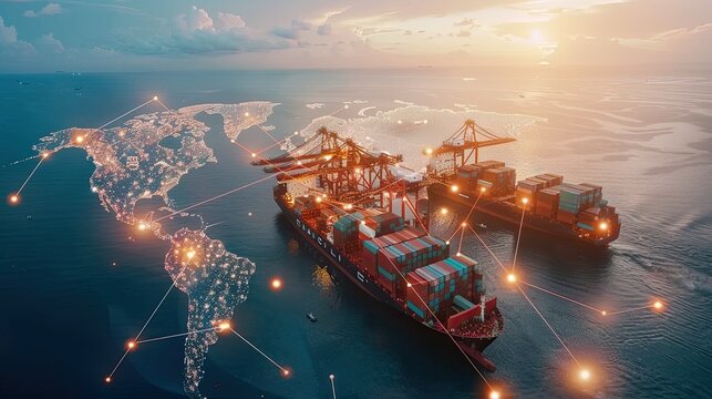 AI technology enhances global logistics for international delivery, using a world map to manage supply chains and container ship networks for export-import processes.