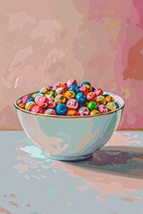 Multicolored candies in a bowl isolated on a pink background. Holidays concept. Vertical orientation