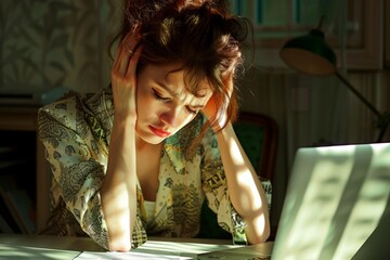 Tired businesswoman sitting at her desk with a laptop in the office holding her head. Headache
