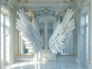 Huge angel wings against white doors and mirrors in sunlit blue palace with cinematic lighting