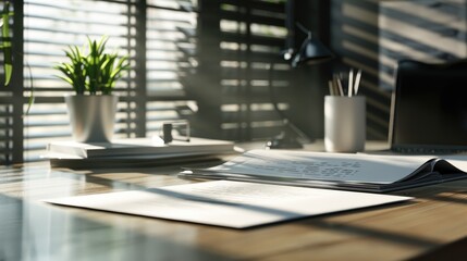 Closeup office desk with work papers and document background