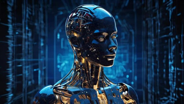 close-up of a humanoid robot with a metallic body and intricate circuitry, set against a dark, high-tech backdrop. The robot's design is sleek and futuristic, emphasizing advanced technology
