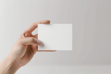 Obraz premium Close-up of a hand holding a blank white card with a clean, minimalist background, perfect for branding or business purposes.