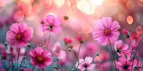 Pink Cosmos Flowers in a Field of Light