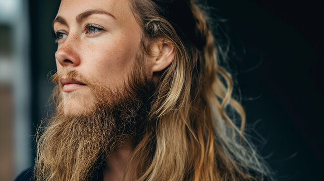 Frauen mit Bart und Vollbart Bartwuchs bei Frauen und Transgender Model Portrait f&uuml;r Rasuren und Frisuren Generative AI