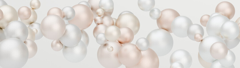 Abstract textured metallic spheres background: ethereal pastel color luxury scheme. Differently sized and shaded spheres hovering. Web banner format