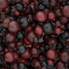 Abstract textured spheres background: dark red color scheme. Differently sized and shaded spheres hovering.