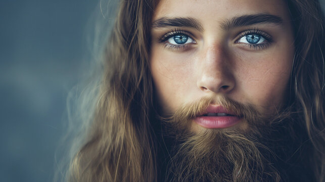 Frauen mit Bart und Vollbart Bartwuchs bei Frauen und Transgender Model Portrait f&uuml;r Rasuren und Frisuren Generative AI
