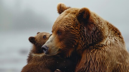 Obraz premium A mother bear nurturing her cub, demonstrating the bond and protective nature of parenthood in the wild.