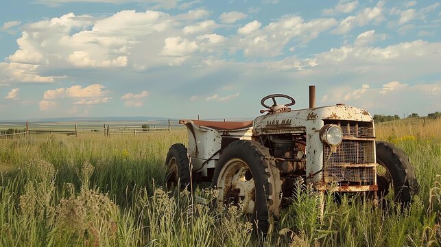 Antique White Farm Equipment sign in a field