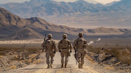 A Team Military with weapons moving patrolling desert landscape, back view.