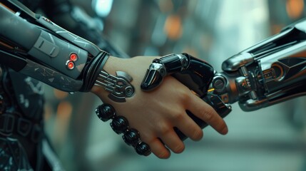 Futuristic cyber communication  human and female robot shake hands in realistic design concept
