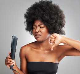 Woman, flat iron and thumbs down for product or straightner aesthetic for healthy growth or natural...