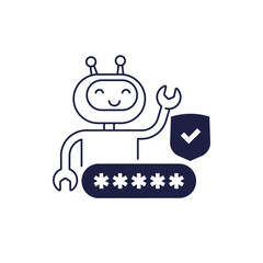 security bot icon on white, robot, password and shield