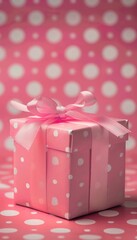 Obraz premium Charming pink gift box with satin ribbon on polka dot background for special occasions
