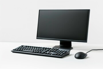Fototapeta premium Modern desktop computer with monitor, keyboard, and mouse on white desk against a clean background, ideal for office or home workspace setup.