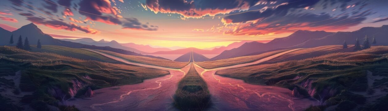 A beautiful landscape painting of a valley with a river running through it