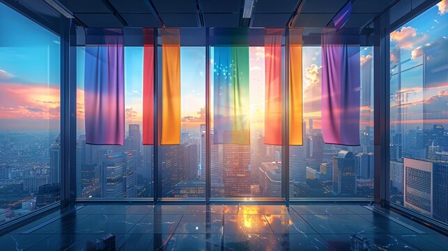 Inclusive Workplace: Modern Office with City View and LGBT Pride Flags, Copy Space on Whiteboard