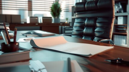 Closeup office desk with work papers and document background