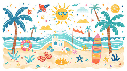 Obraz premium Sunny Beach Day Fun Lively Summer Illustration on White Background with Colorful Beach Elements in Cartoon Styles