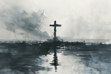 A cross in the middle of the water of a lake or river. Cross on water on a white cloudy background