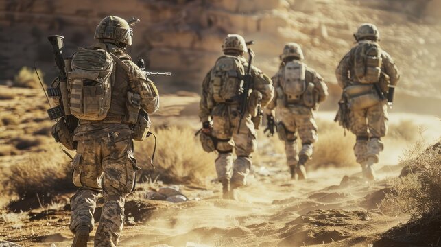 A Team Military with weapons moving patrolling desert landscape, back view.