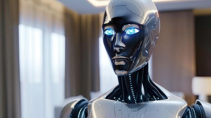 Generate a photorealistic image of a robot standing in a hotel room
