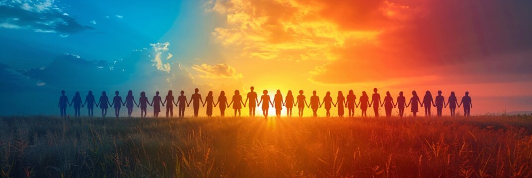 Unity and Diversity at the Rainbow Horizon - Silhouette of Multicultural Group Holding Hands at Vibrant Sunset with Copy Space Above