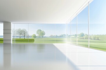 Fototapeta premium Beautiful minimalistic architectural background banner with expansive windows overlooking a serene landscape