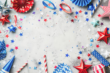 Obraz premium Patriotic Independence Day Flat lay Mockup with Party Supplies on Minimalistic Background