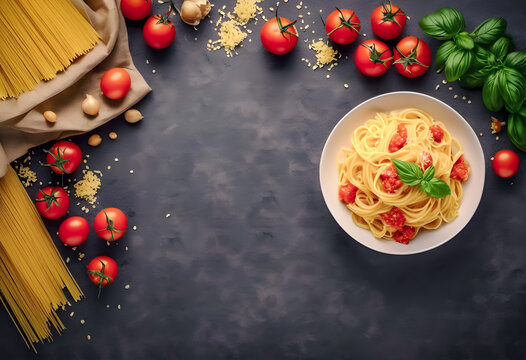 A plate of spaghetti with tomato sauce and basil leaves, surrounded by raw spaghetti, cherry tomatoes, garlic, and basil on a dark surface. World Pasta Day.
