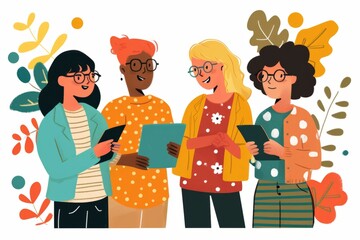 Smiling women in glasses and bright clothes holding tablets on white background with bright leaves.