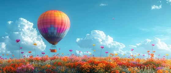 Naklejka premium Celebrating Diversity: Colorful Pride Hot Air Balloon Soaring Over Wildflower Meadow with Text Space on Basket