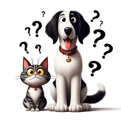 Fototapeta premium A cartoon dog design graphic and cat design graphic with question marks above.