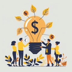 Group of people holding a light bulb with dollars around them. The concept of investing money