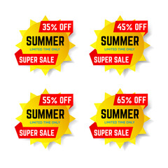 Summer super sale labels. Sale 35%, 45%, 55%, 65% off discount