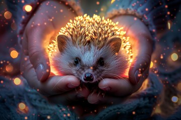 A person gently holds a small hedgehog in his hands, in which the needles are illuminated.