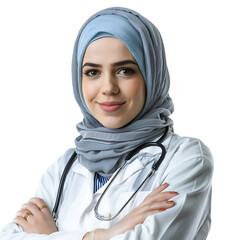 Smiling muslim female doctor in white coat with hijab on isolated transparent background