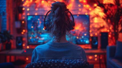 Girl with headphones sits in front of a glowing computer screen, immersed in a vibrant gaming setup. Neon lights decorate the room, creating an exciting and colorful gaming environment.