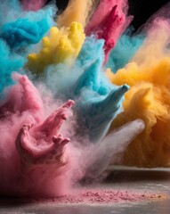 Fototapeta premium A hyperrealistic close-up of colorful chalk dust being blown off a surface, captured in mid-air with dynamic motion and vibrant colors.