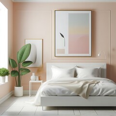 A bed in bedroom style interior set design have mockup poster empty white with and a plant unique unique Vibrant.