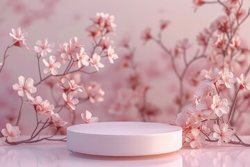 Elegant minimalist 3D round platform on a soft pastel floral background. The platform's smooth matte finish contrasts with the delicate abstract floral patterns in muted tones. Soft, diffused