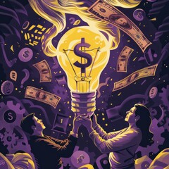 A man and a woman holding a light bulb with dollars around them. The concept of investing money