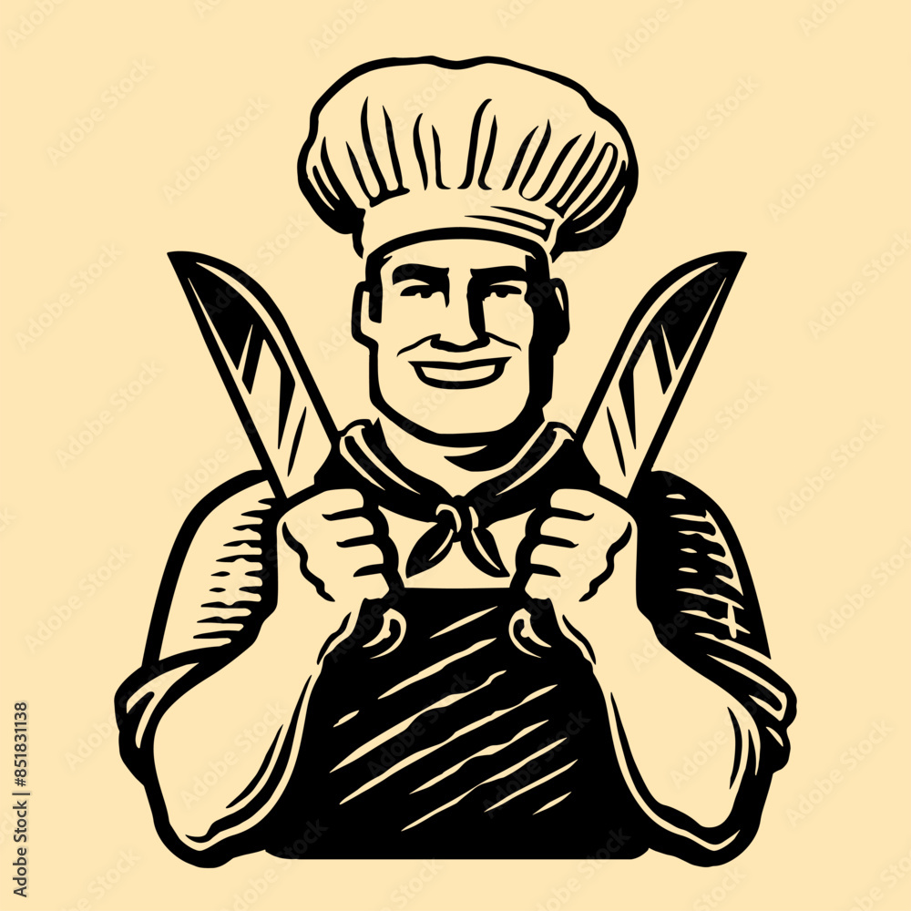 Sticker butcher shop logo. happy smiling chef with knives. male cook in hat emblem vector illustration