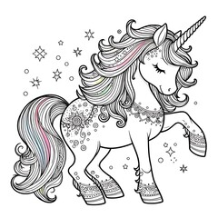 A black and white drawing of a unicorn coloring page design colours drawing graphic eyecatching creative eyecatching Illustrative.