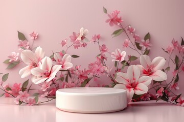 Simple yet elegant 3D round platform with a matte finish, set against a pastel floral background. The delicate abstract floral patterns in soft hues create a gentle and serene backdrop. Diffused