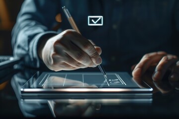 Survey form concept. Questionnaire with checkboxes, filling survey form online, answer questions of test. Education futuristic technology and learning.