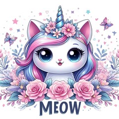 A cartoon cat design drawing graphic with a unicorn horn and flowers engaging vector engaging highquality.