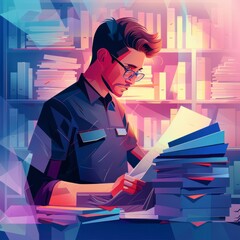 A man looks depressed and tense while sitting at a table littered with stacks of documents.