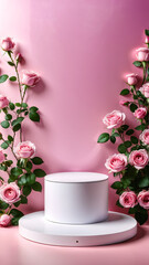 product display podium, Podium background flower rose product pink 3d spring table beauty stand display nature white, Garden rose floral summer background podium cosmetic valentine easter field scene
